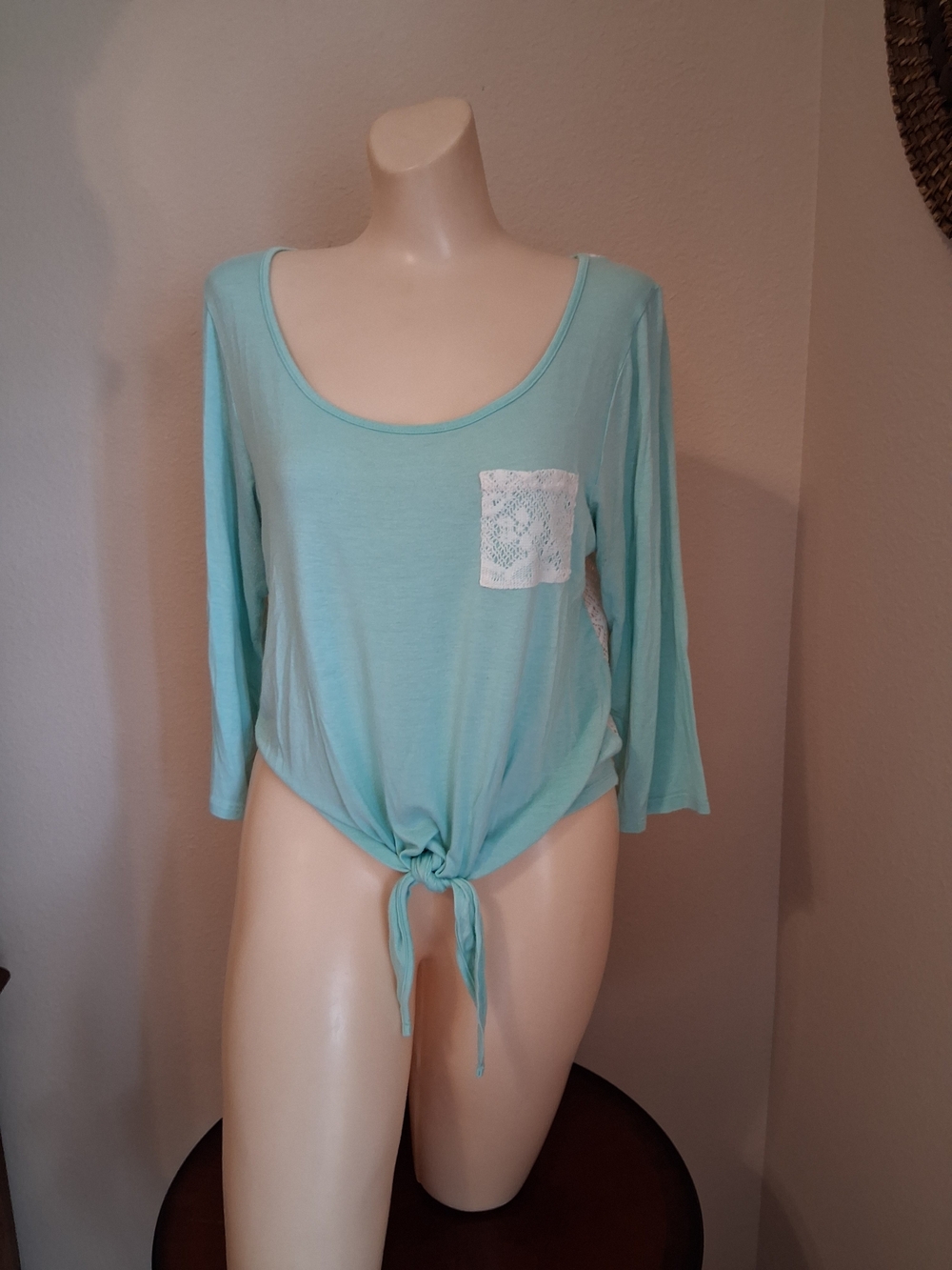 Charlotte Russe Light Aqua Tie-Front Long Sleeve Top with Lace Pocket